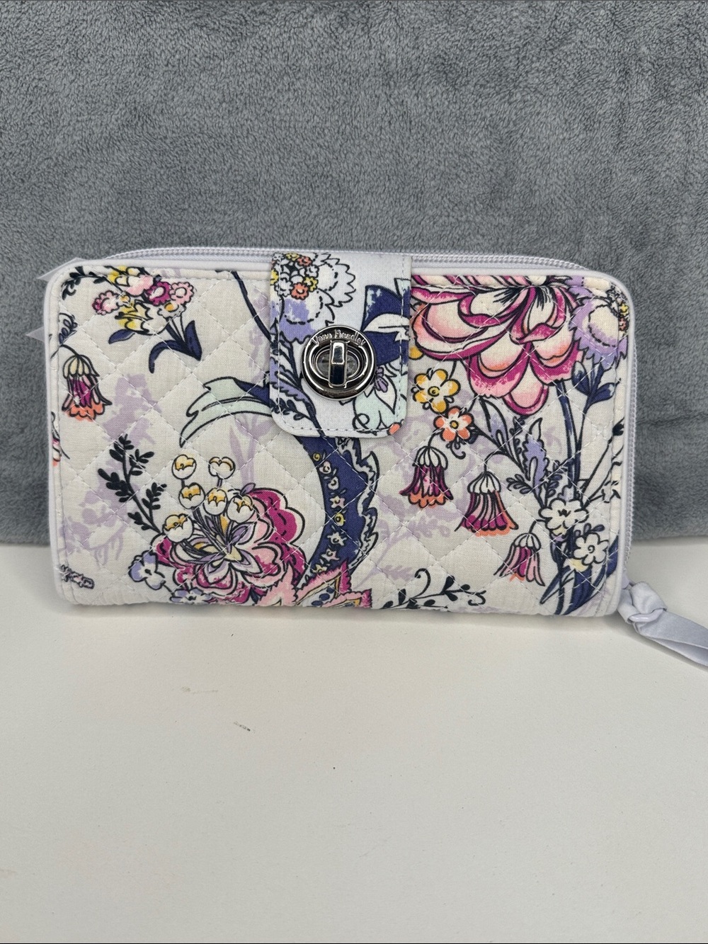Vera Bradley Quilted Floral Zip Wallet in White, Pink and Purple